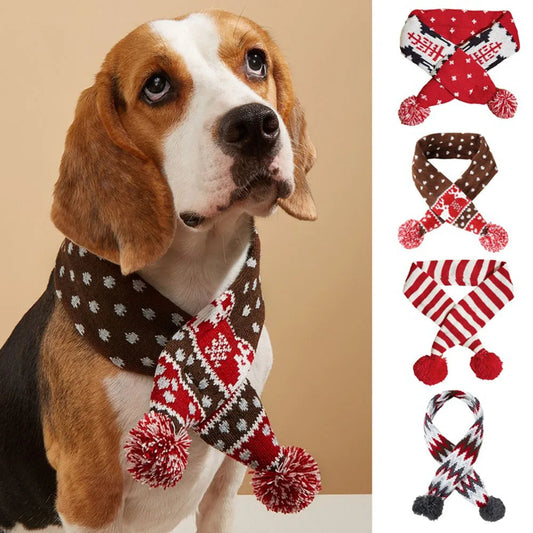 Christmas Dog Scarf Knitted Elk Scarf Striped Hair Ball Pet Scarf Outdoor Winter Warm Cat Dog Scarves Puppy Collar Pet Supplies eprolo