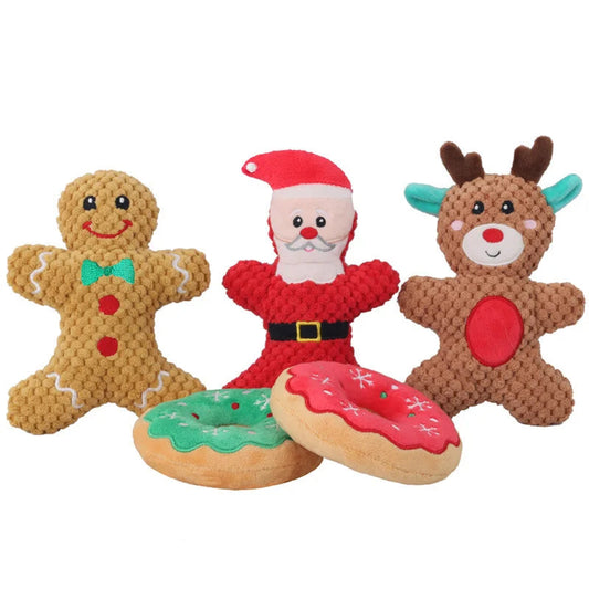 Xmas Pet Dog Plush Noise Chewing Toy Santa Elk Gingerbread Man Donut Cat Dog Christmas Series Cartoon Dog Toy Plush Squeak Toy eprolo