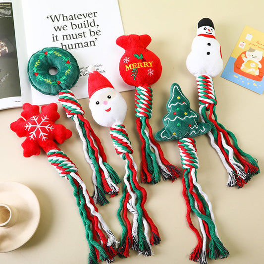 Christmas Cotton Rope Pet Plush Toy Teeth Grinding Durable Cartoon Self Hi Dog Toy Cat Supplies eprolo