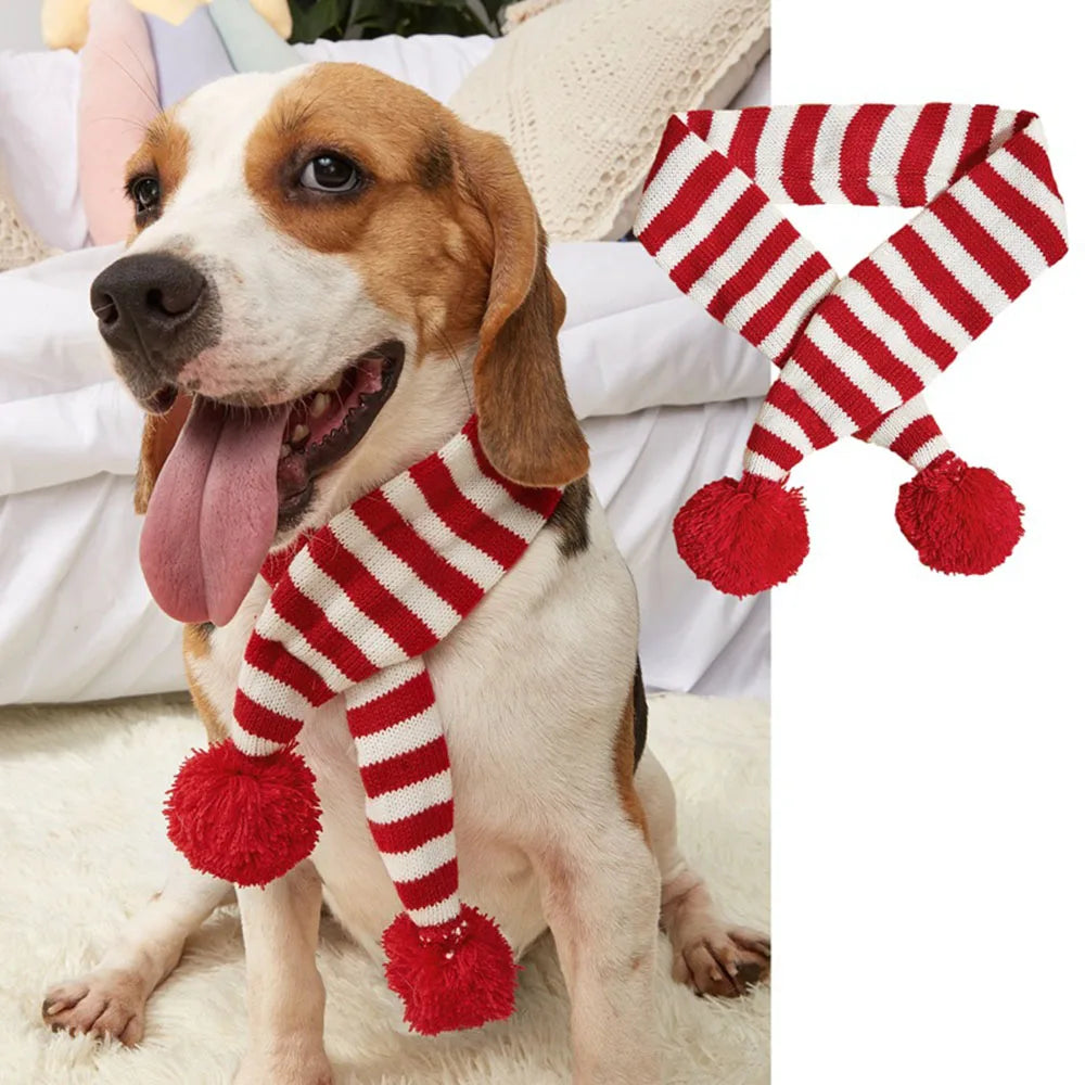 Christmas Dog Scarf Knitted Elk Scarf Striped Hair Ball Pet Scarf Outdoor Winter Warm Cat Dog Scarves Puppy Collar Pet Supplies eprolo