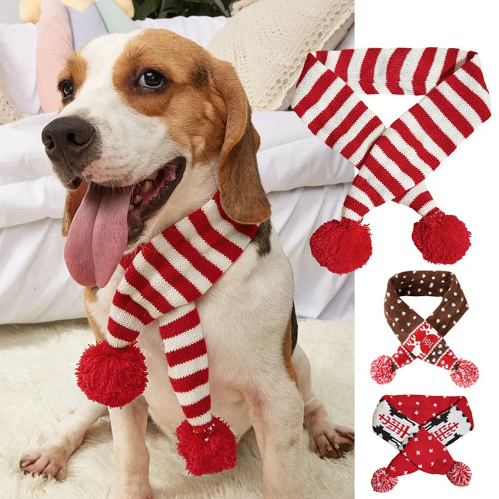 Christmas Dog Scarf Knitted Elk Scarf Striped Hair Ball Pet Scarf Outdoor Winter Warm Cat Dog Scarves Puppy Collar Pet Supplies eprolo